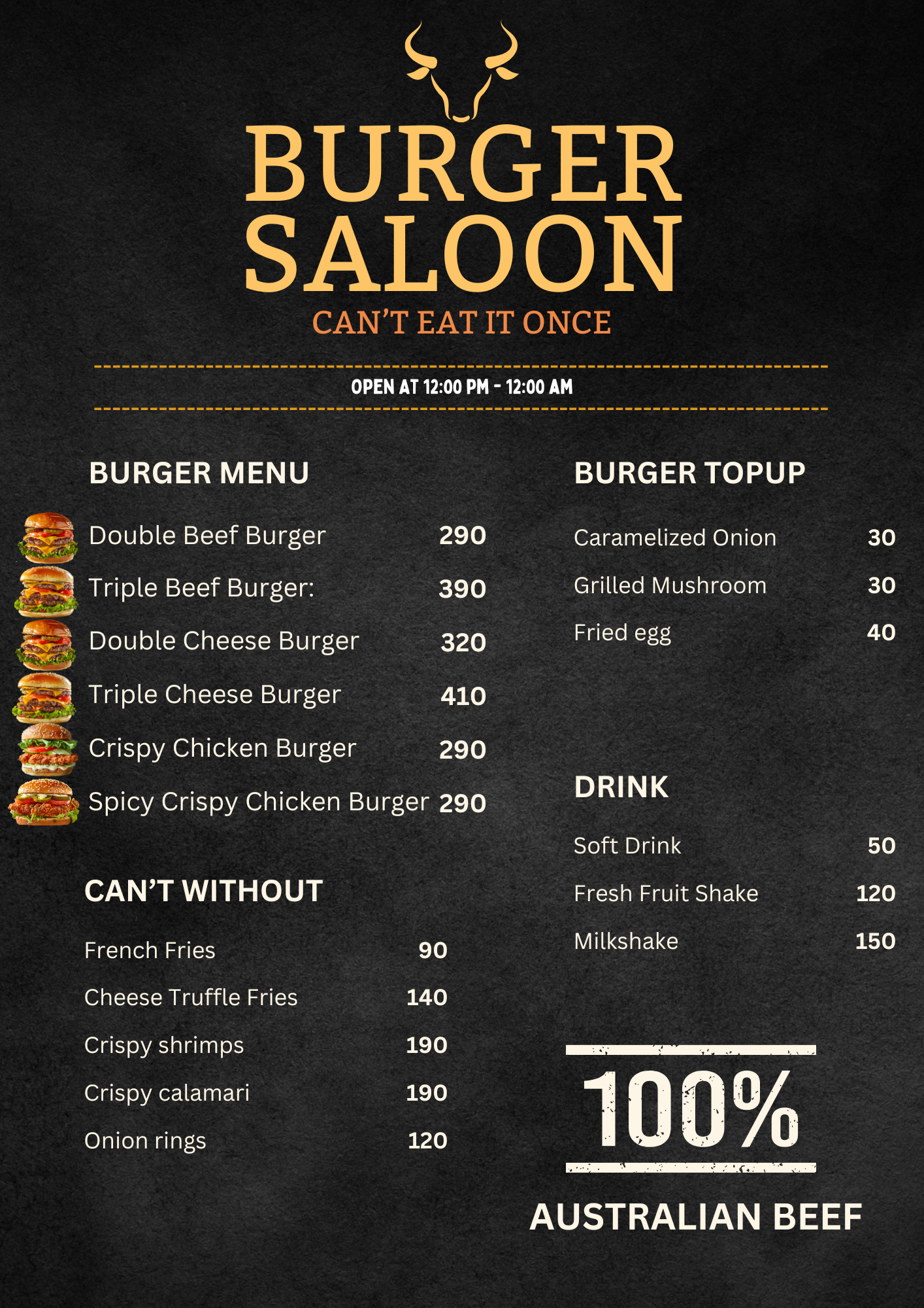 Burger Saloon Menu